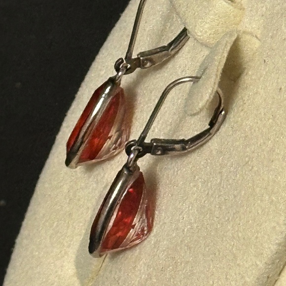 925 Sterling Silver Artisan Crafted Genuine Treated Fire Quartz Dangle Earrings - Picture 7 of 12